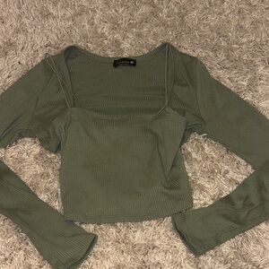 Green Two Piece Long Sleeve Ribbed Top